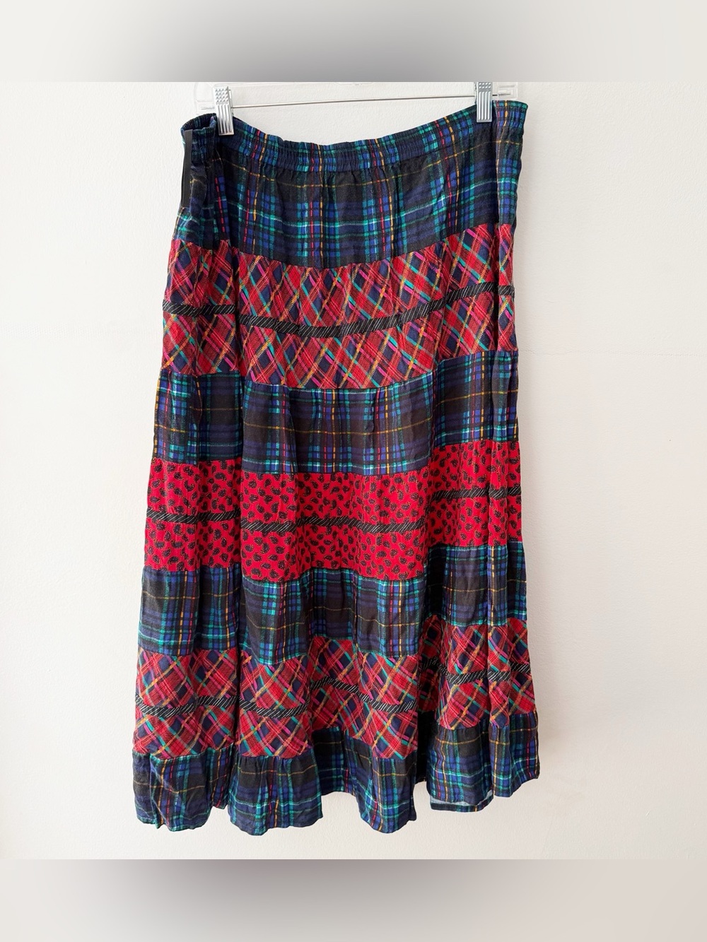 Vintage Women Plaid Patchwork Tiered Maxi Skirt Size 16W Grunge Cottage Cabin